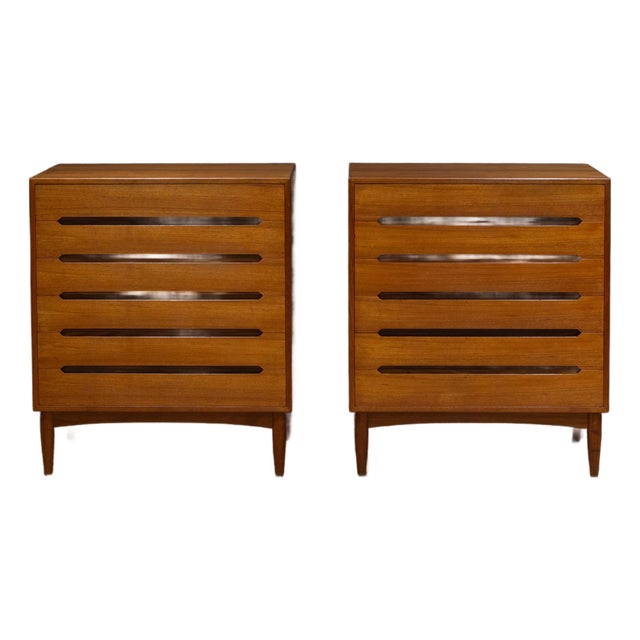 Mid-Century e.w. Bach Tall Teak Dressers With Sculpted Handles c.1950 For Sale