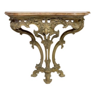Mid-Century French Rococo Carved Pine Console Table With Rouge Marble Top For Sale