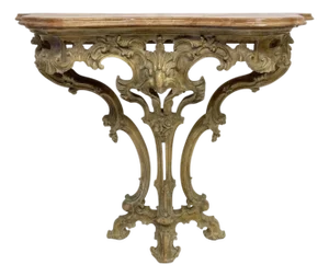 Mid-Century French Rococo Carved Pine Console Table With Rouge Marble Top