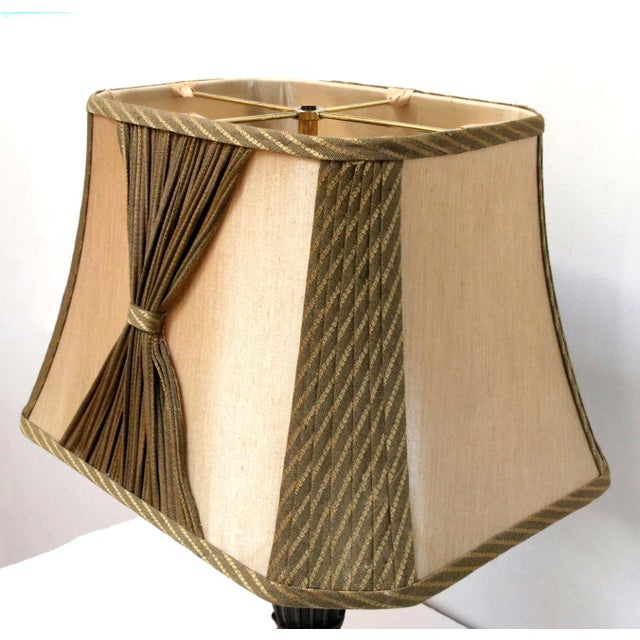 This vintage lamp shade is tapered squarish and graceful with pleated details.and piping in green ribbon striped with...