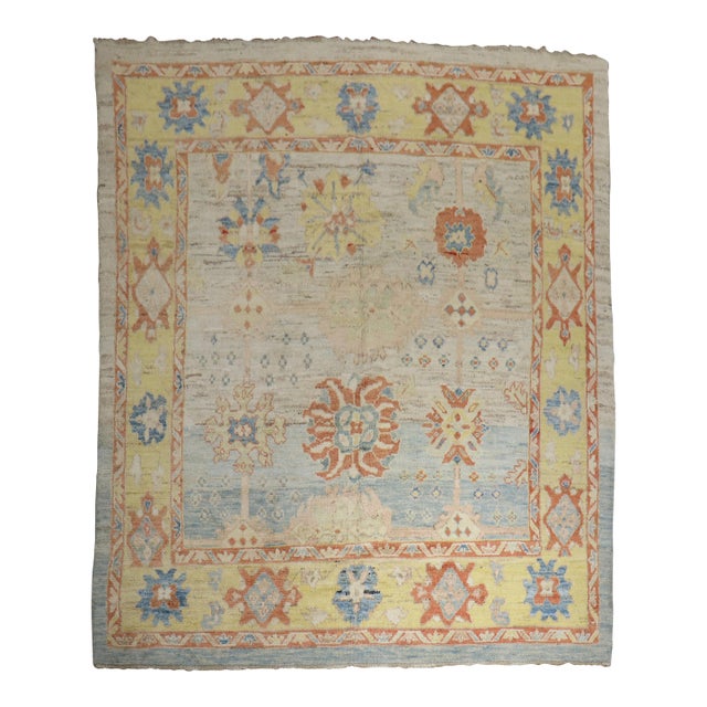 Early 21st Century Zabihi Collection Stunning Turkish Blue Yellow Oushak Rug - 8'3" x 9'5" For Sale
