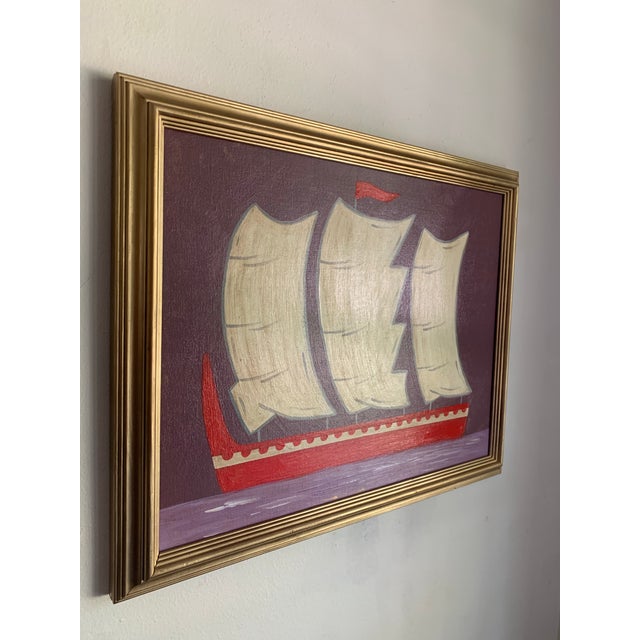 A refined maritime seascape in a distinctive palette of deep aubergine and soft lavender, grounded by a vermilion vessel...