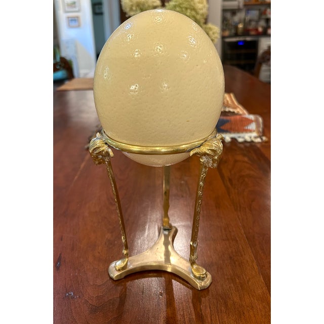 Traditional Vintage Ostrich Egg in Rams Head Brass Stand For Sale - Image 3 of 4