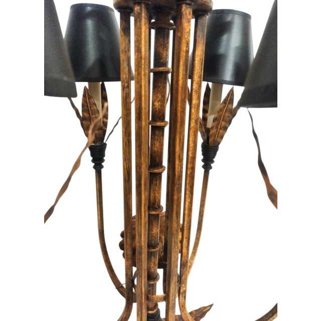 Vintage Currey & Company Style Large Faux Bamboo Bronze Black Palm Leaf Regency Iron 6 Light Chandelier Light Fixture For Sale In West Palm - Image 6 of 8