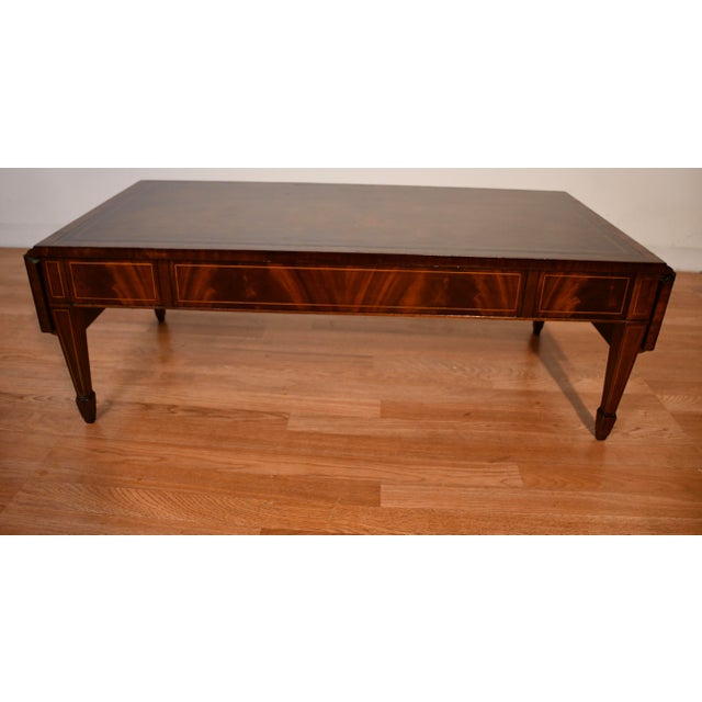 1930s Weiman English Regency Flame Mahogany Inlay Leather Top Drop Leaf Coffee Table For Sale - Image 6 of 18