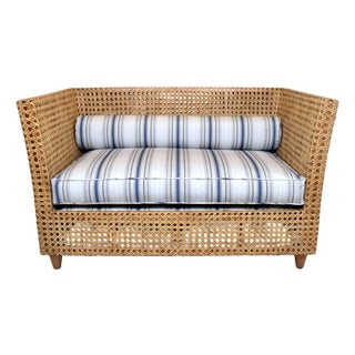 Modern Caned Teak Rattan Loveseat in Blue and White Sunbrella Fabric For Sale