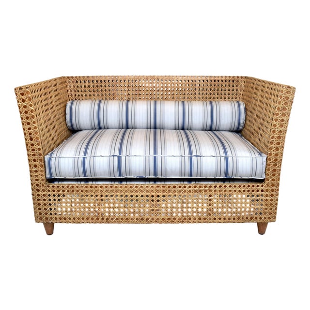 Modern Caned Teak Rattan Loveseat in Blue and White Sunbrella Fabric For Sale