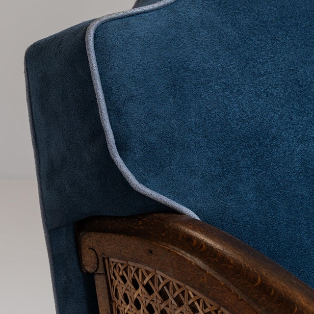 Pair of Early 20th Century British Navy Blue Edwardian Velvet Upholstered Armchairs with Cane Panels For Sale - Image 11 of 15