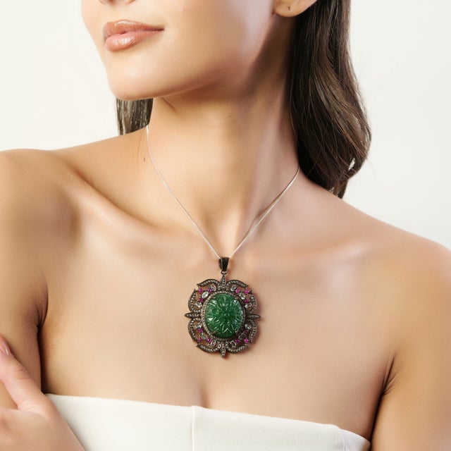 Not Yet Made - Made To Order Ornate Floral Carved Green Aventurine Victorian Pendant- Anniversary Gifts For Sale - Image 5 of 12