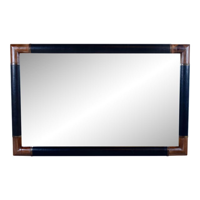 Mid Century Wall Mirror by Pierre Lottier With Leather Wrapped Frame For Sale