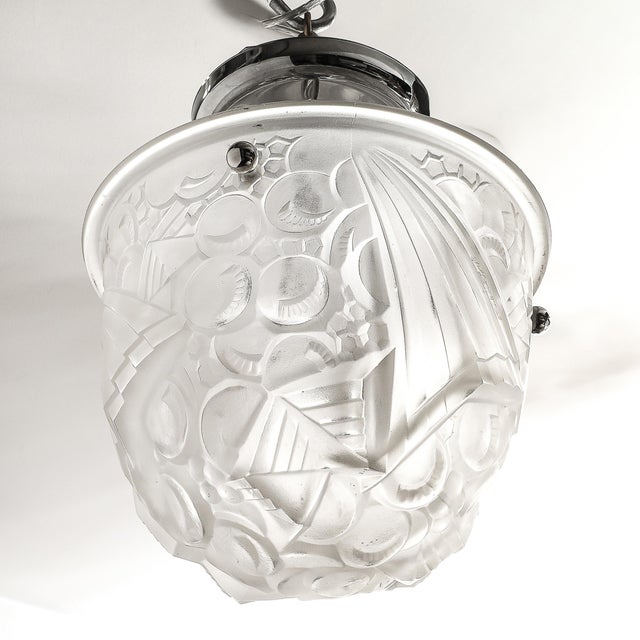 Art Deco Molded & Frosted Glass Pendant W/ Cubist Detailing by Muller Freres For Sale - Image 11 of 16