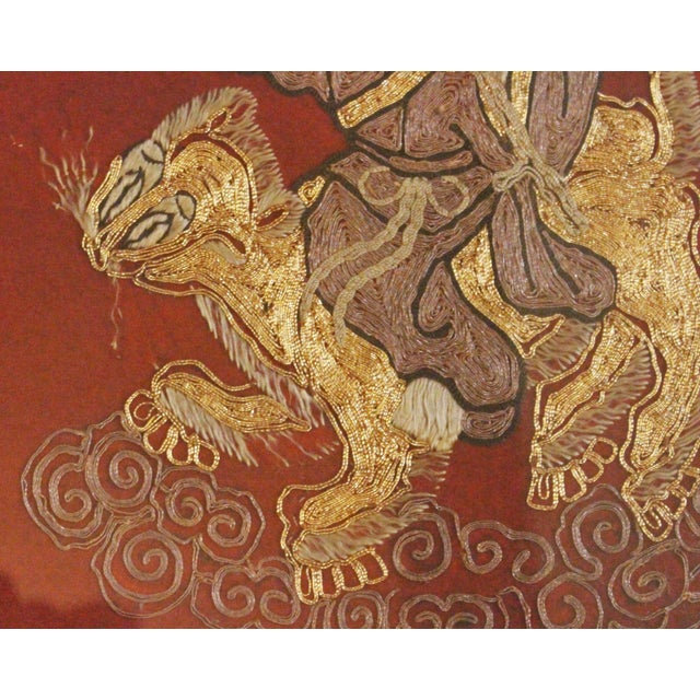 Mid-19th century Chinese framed embroidery of Zhao Gongming. The God of Wealth, he is depicted here riding a tiger &...