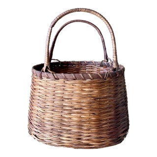 Mid 20th-Century Handwoven Rattan Twining Weave Round Market Basket For Sale