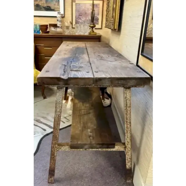 Mid-Century Modern Early Iron and Wood Industrial Table - Use as Kitchen Island or Console Table For Sale - Image 3 of 9