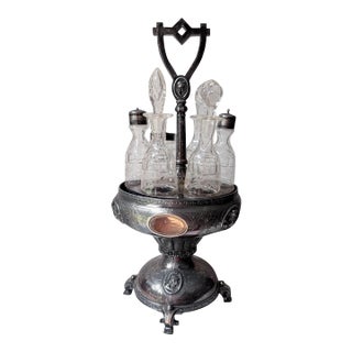 19th Century Victorian Era Castor or Cruet Set 6 Decanters and Silver-Plated Holder With Central Handle For Sale