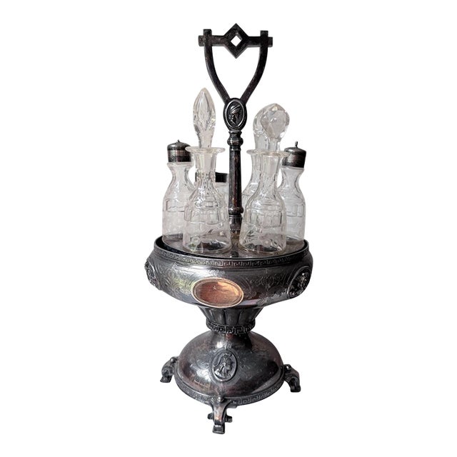 19th Century Victorian Era Castor or Cruet Set 6 Decanters and Silver-Plated Holder With Central Handle For Sale