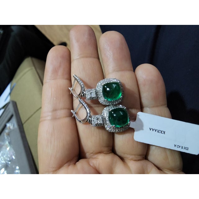 Natural Zambian Emerald Caboshan 8.42 Carats and Diamonds 1.54 Carats /14k Gold, A Pair For Sale - Image 4 of 18