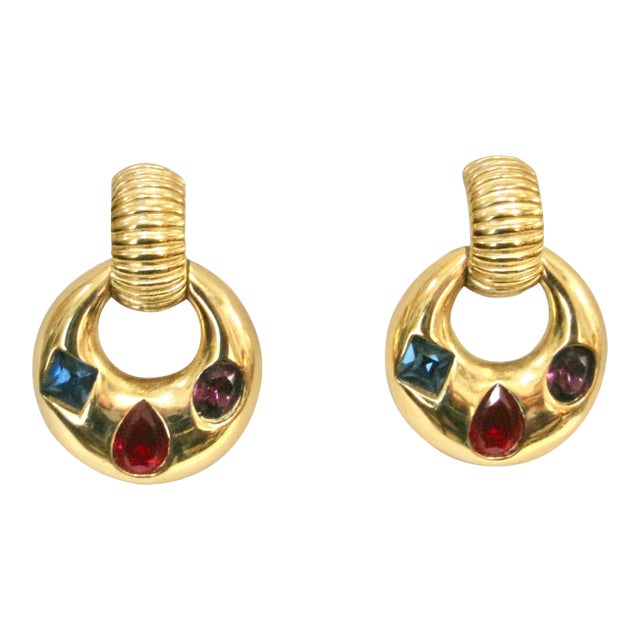 Vintage Givenchy Gripoix Gold Plated Multi Colored Glass Earring - 2 Pieces For Sale