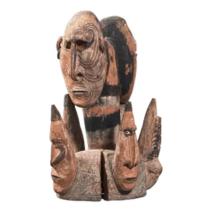 Antique New Guinea Middle Sepik River Multi Face Polychrome Hand Carved Wood Sculpture