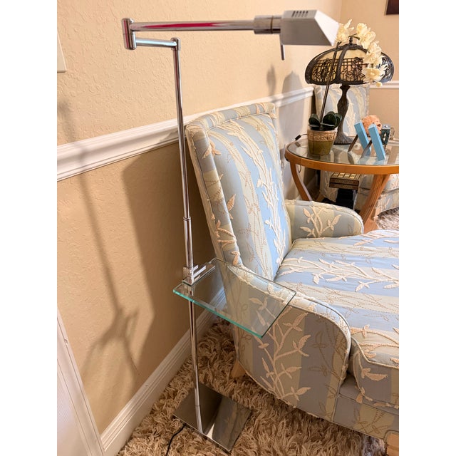 1970s Italian Postmodern Chrome & Glass Floor Swing Arm Adjustable Lamp With Pharmacy Shade and Relco Milano Dimmer For Sale - Image 9 of 12