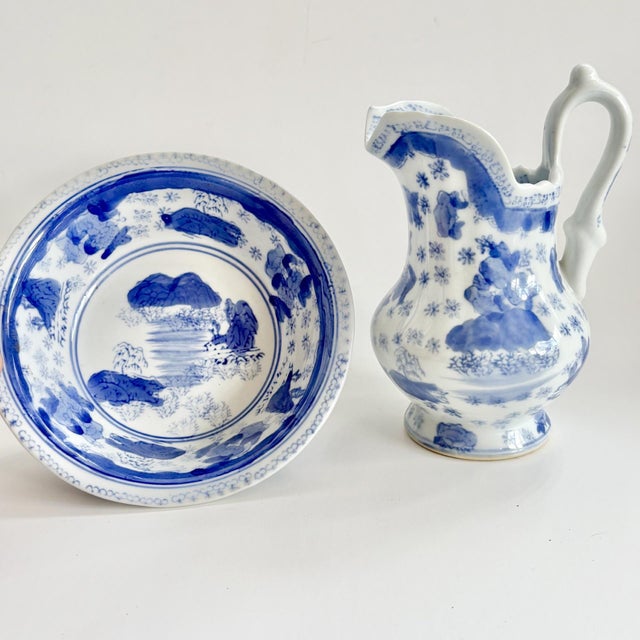 Vintage Blue and White Chinoiserie Porcelain Pitcher and Basin Set – 2 Pieces - Early 20th Century Chinese For Sale - Image 4 of 8