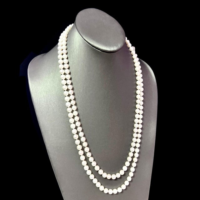 Natural Akoya Pearl Diamond Necklace 49" 18k White Gold 7 mm Certified For Sale In New York - Image 6 of 13