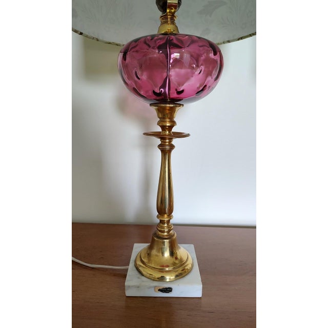 1950s 1950s Cranberry Glass and Brass Lamps With Morris Shade - a Pair For Sale - Image 5 of 11