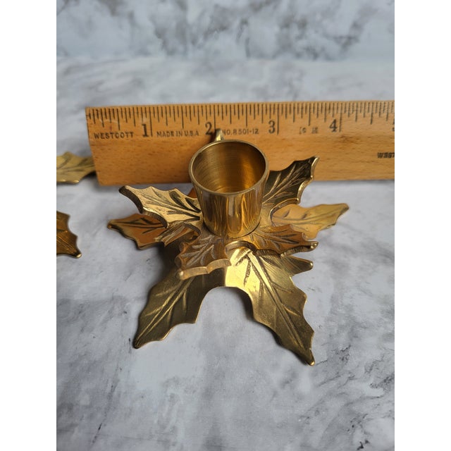 Vintage Solid Brass Poinsettia Candlestick Holders For Sale - Image 9 of 10