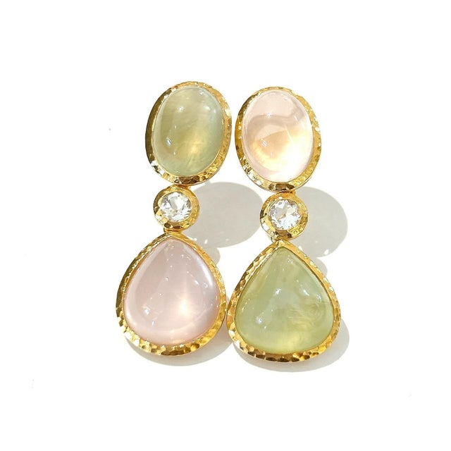 Bochic "Capri" Rose Quartz & Multi Gem Italian Earrings Set 18K Gold & Silver For Sale - Image 4 of 18