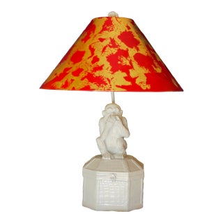 Chic Vintage Vivai Del Sud Style White Monkey Table Lamp With Hand Gilt Red Chinoiserie Shade – Newly Painted For Sale