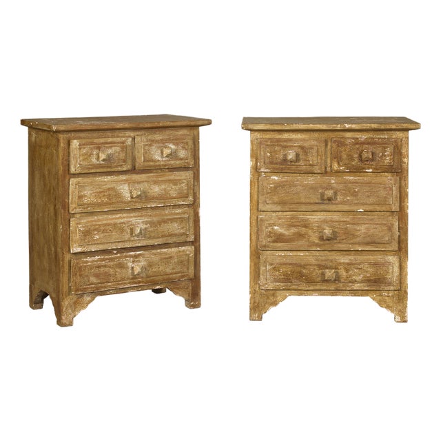 Pair of Distressed Vintage Nightstands with Subtle Brown and Green Patina For Sale