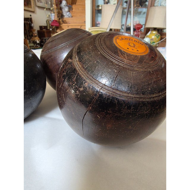 Three Antique Lignum Vitae Lawn Bowling Balls For Sale - Image 11 of 13