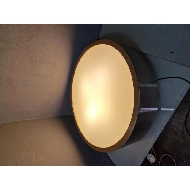 Large Ceiling Light in Aluminum and Wood with Milky Acrylic Glass Lampshade, 1980s, in Very Good conditions. Designed 1970...