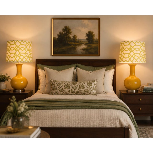 Late 20th Century Late 20th Century 70s-Style Mustard Ceramic Gourd Table Lamps With Geometric Shades - a Pair For Sale - Image 5 of 5