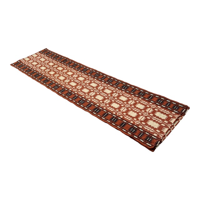 Handmade New Zealand Wool Dhurrie Runner, Terracotta, Cream and Brown Geometric Dhurrie Runner - 2.5'x21.5' For Sale