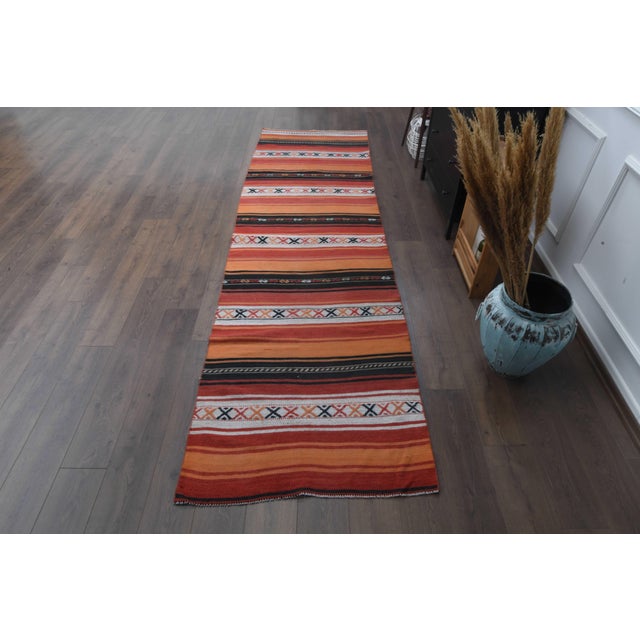 Textile 1970s Vintage Handmade Wool Cotton Kilim Runner Rug For Sale - Image 7 of 10