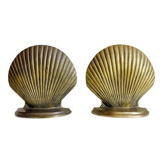 Vintage Aged Brass Clam Shell Bookends, 1960s - A Pair For Sale