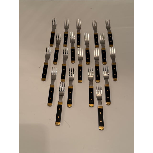 Mid-Century Modern Rare Set of Vintage Swedish Stainless Steel Brass & Wood Flatware For Sale - Image 3 of 15