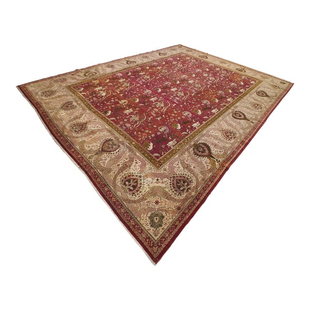 Antique Indian Agra Carpet, Hunting Rugs, Oriental Rugs, Red, Gold, Ivory, Brown For Sale
