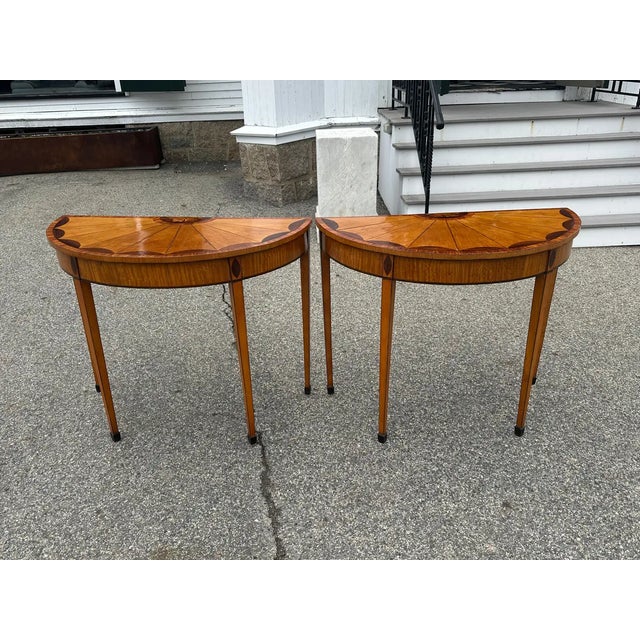 Traditional Pair of 19th Century English Satinwood Demi-Lune Tables For Sale - Image 3 of 10