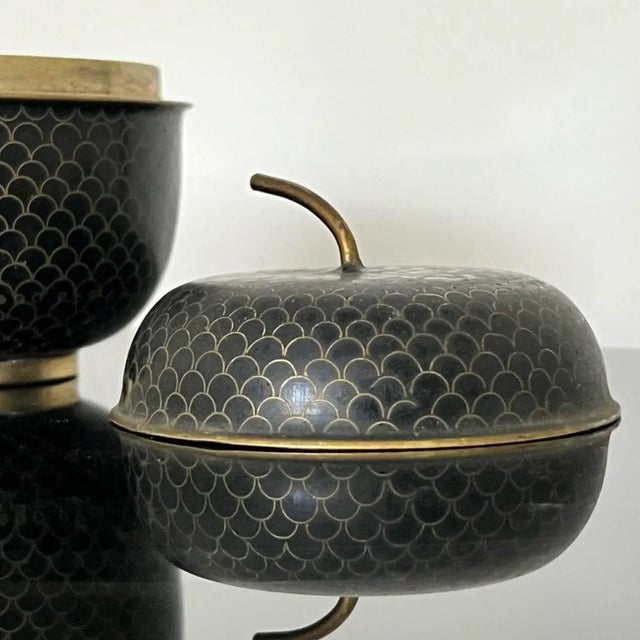 Mid 20th Century Vintage Cloisonné Lidded Box in Acorn Form – Black & Gold With Turquoise Enamel Interior For Sale - Image 5 of 12