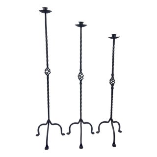 Hand Forged Iron Candelabra Set of 3 (101-121cm) Antique Copper Finish Heavy Rope Twist Stem with Openwork Cage Detail For Sale