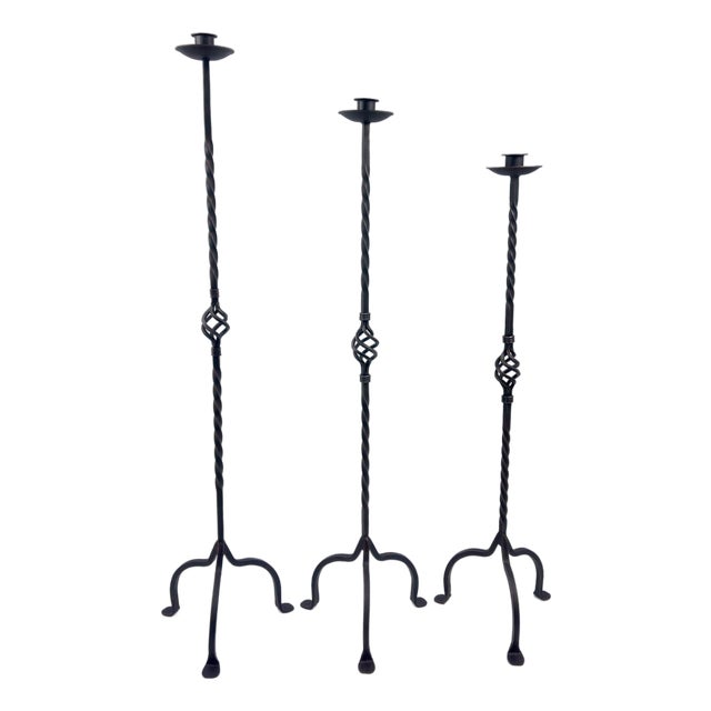 Hand Forged Iron Candelabra Set of 3 (101-121cm) Antique Copper Finish Heavy Rope Twist Stem with Openwork Cage Detail For Sale
