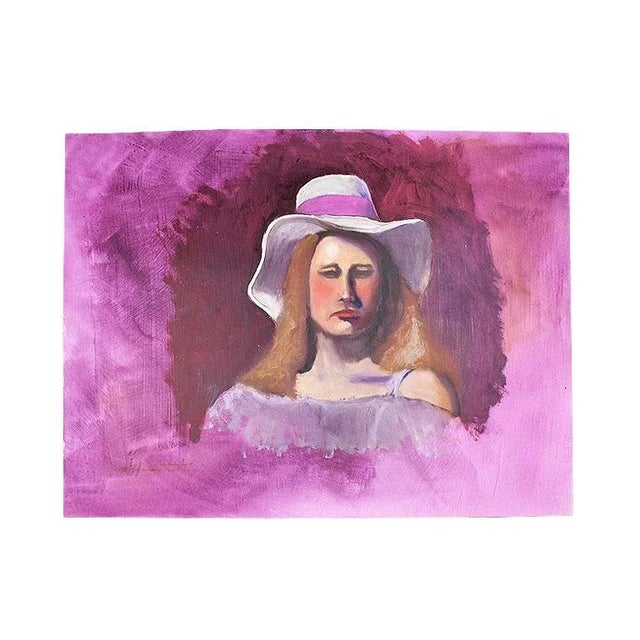 Hot Pink Portrait Painting of a Woman - 1970s 23" X 17.5" For Sale - Image 9 of 9