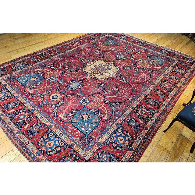 1900 - 1909 Vintage Persian Tabriz Rug, Hand-Knotted Wool, Garden Floral Pattern, Crimson & Turquoise, 11x15 For Sale - Image 5 of 18