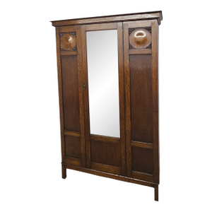 Arts & Crafts Carved Oak Wardrobe Armoire With Mirror Door, 76"