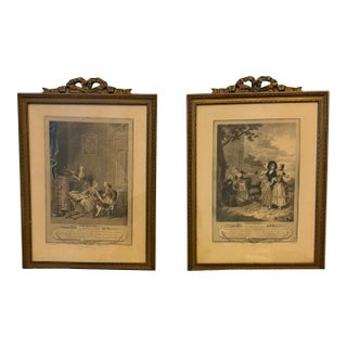 Pair of Antique French Hand-Colored Engravings – “L’Occupation” & “La Promenade Du Matin” – Monument Du Costume – Gilt Ribbon Frames For Sale