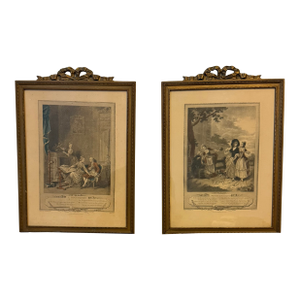 Pair of Antique French Hand-Colored Engravings – “L’Occupation” & “La Promenade Du Matin” – Monument Du Costume – Gilt Ribbon Frames