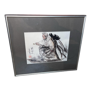 Vintage Chinese Ink Figure Painting of Elderly Man With Pipe, Signed & Sealed, Framed