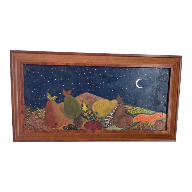 1990s Painting of Colorful Pears and Starry Night Moon For Sale